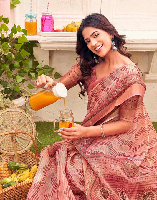 Dusty Rose Pink Shimmer Silk Printed Saree