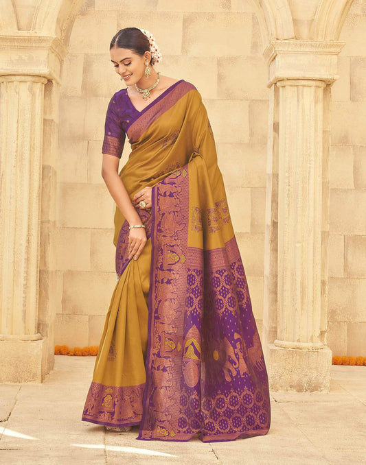 Musterd Yellow Silk Woven Kanjivaram Saree