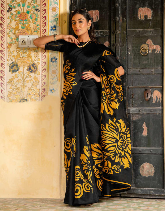 Black Khadi Floral Printed Saree