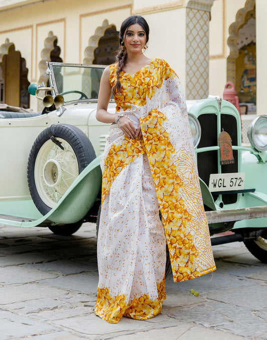 White Khadi Printed Saree