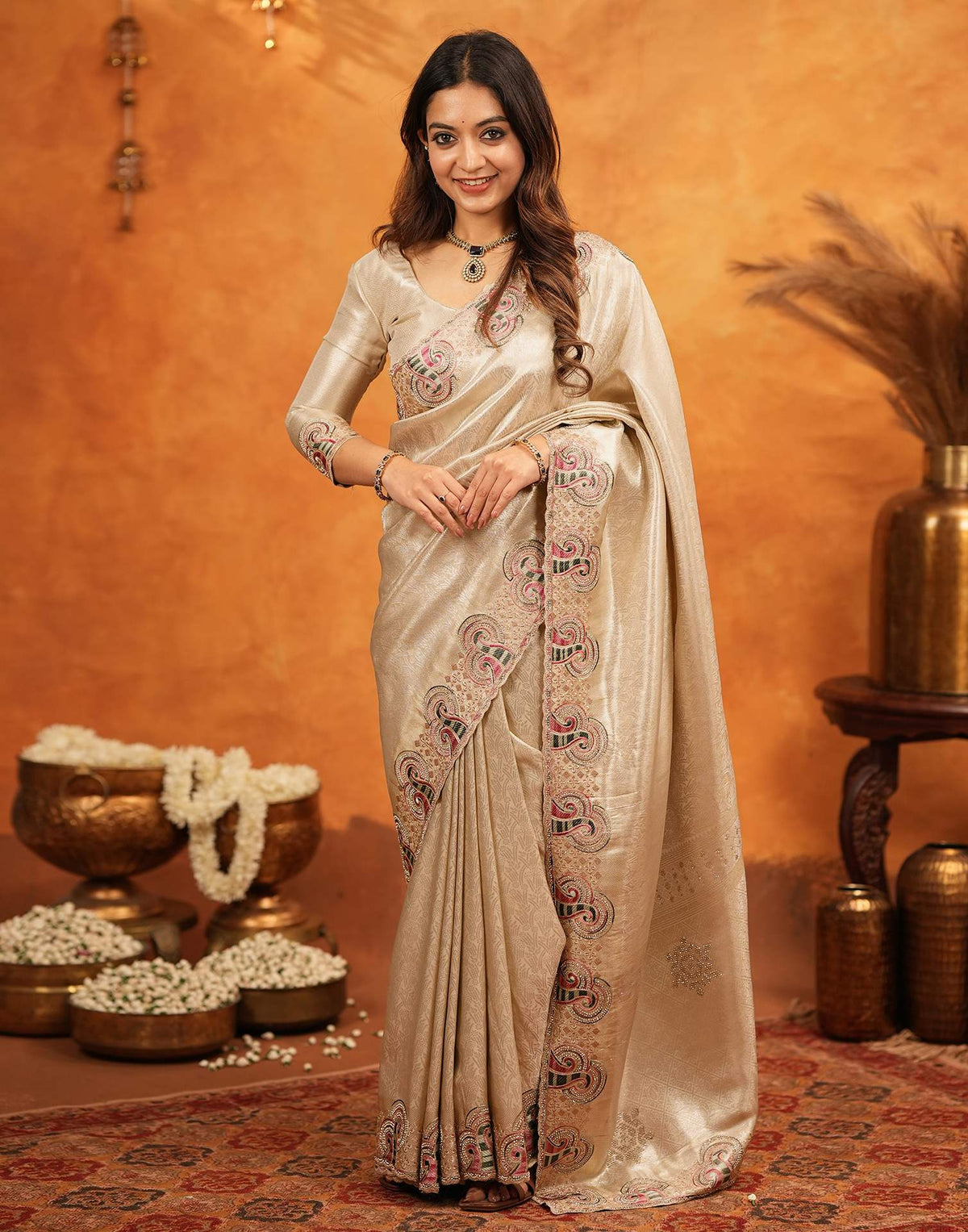 Beige Silk Woven Embroidery Stone Work Banarasi Saree