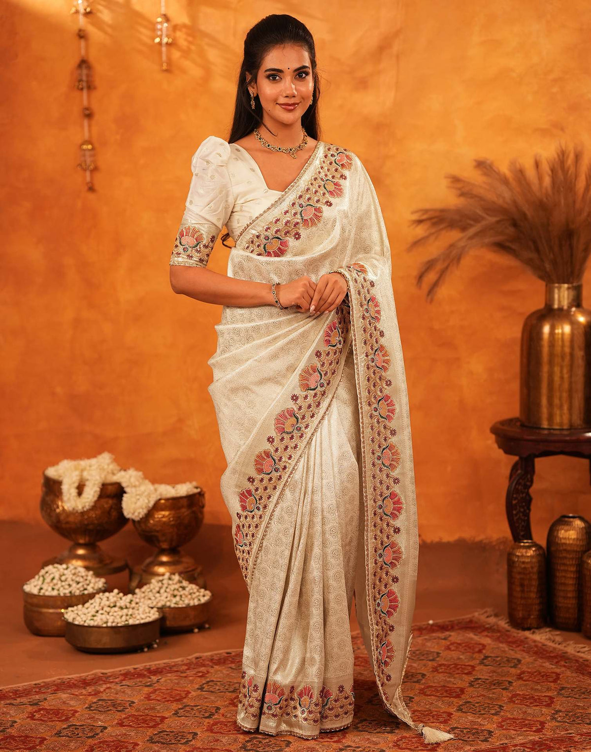 Off White Silk Woven Embroidery Stone Work Banarasi Saree