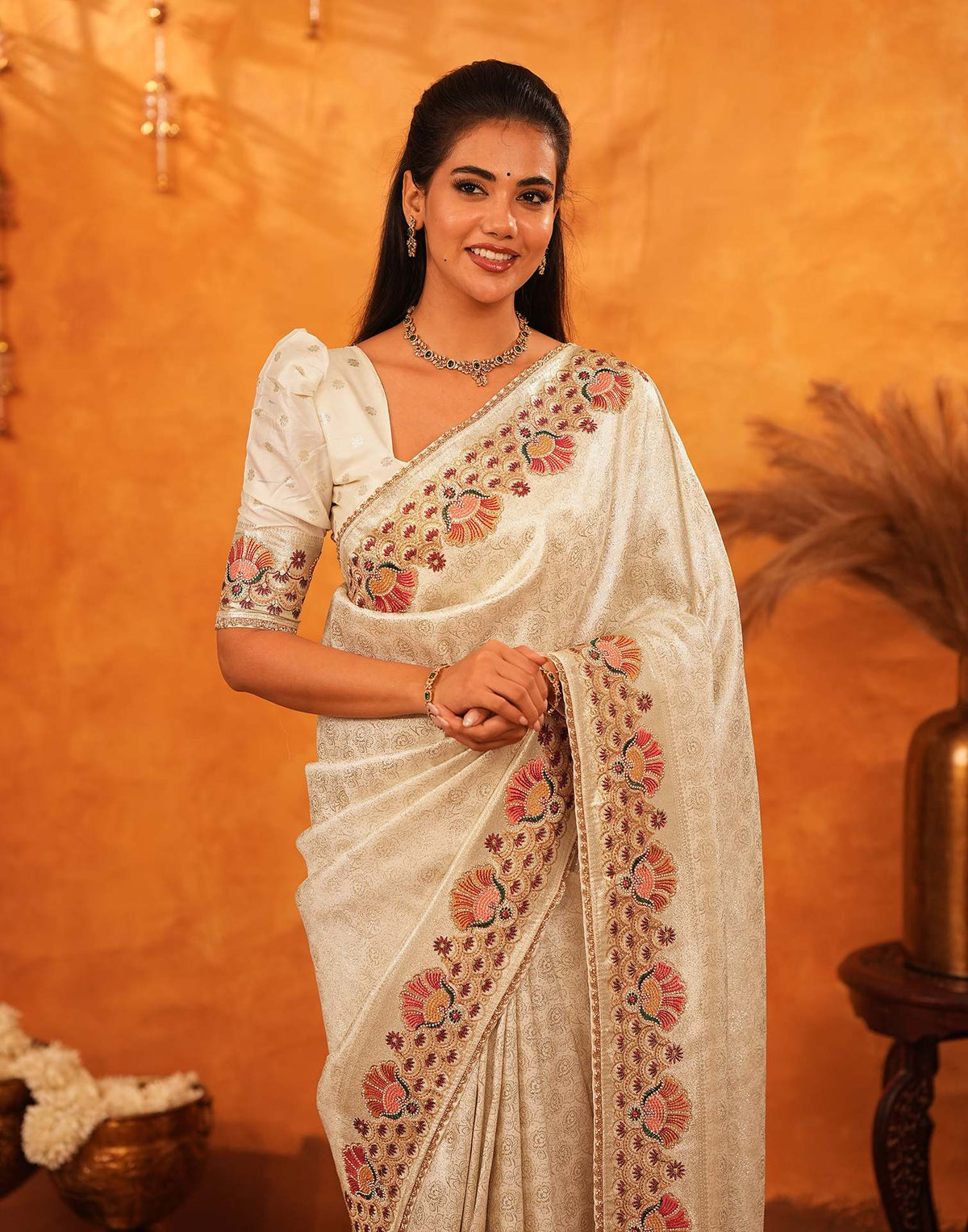 Off White Silk Woven Embroidery Stone Work Banarasi Saree