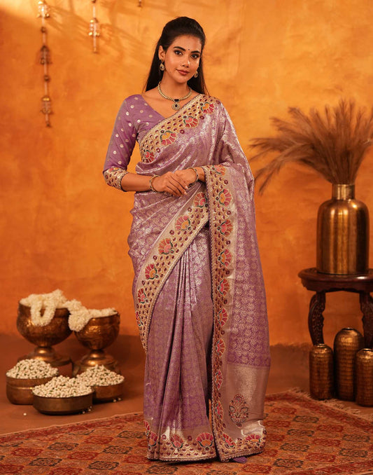 Dusty Purple Silk Woven Embroidery Stone Work Banarasi Saree