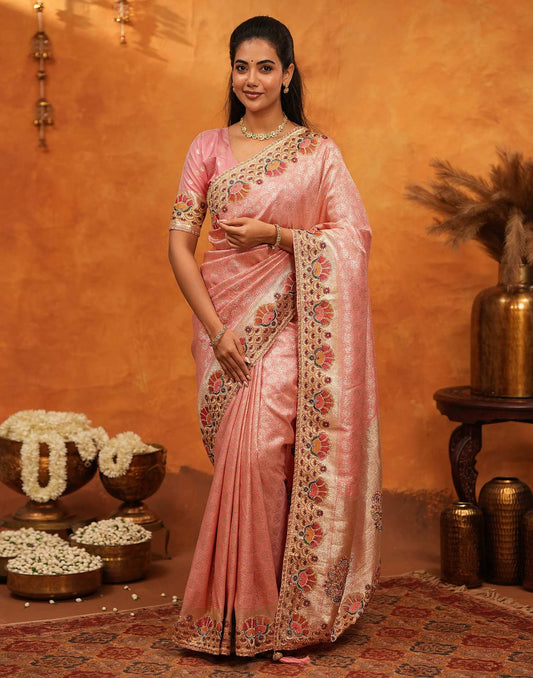 Light Pink Silk Woven Embroidery Stone Work Banarasi Saree