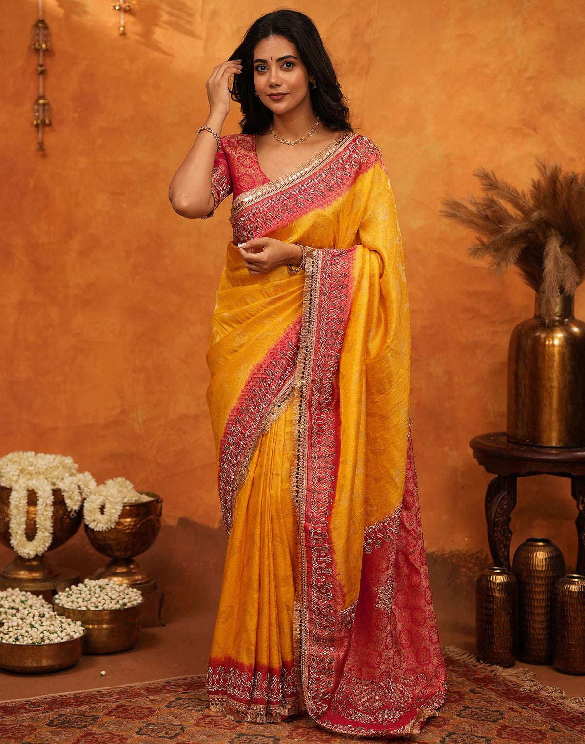Yellow Silk Woven Stone Work Banarasi Saree