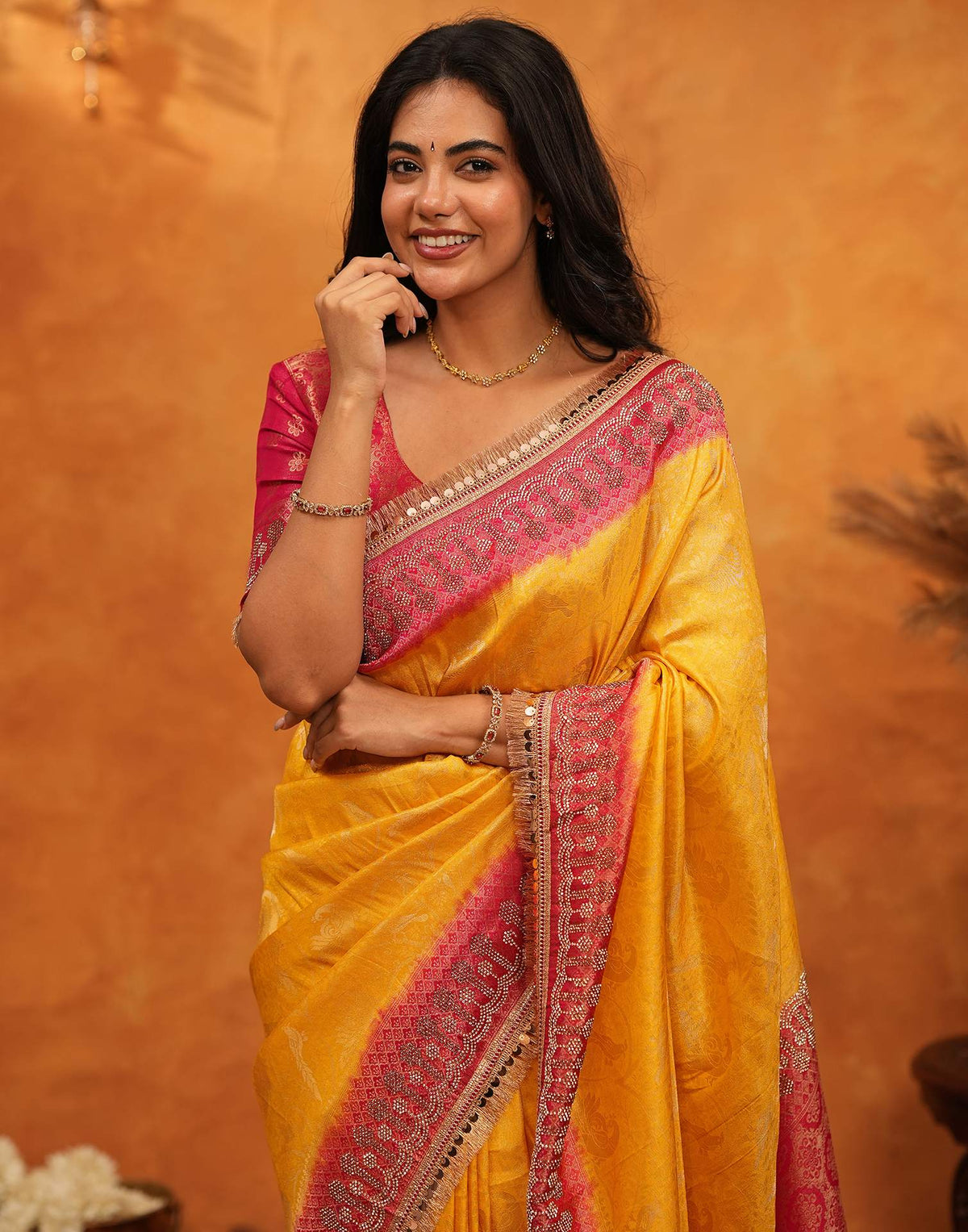 Yellow Silk Woven Stone Work Banarasi Saree