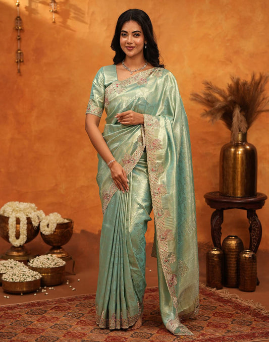 Mint Green Silk Woven Embroidery Stone Work Banarasi Saree