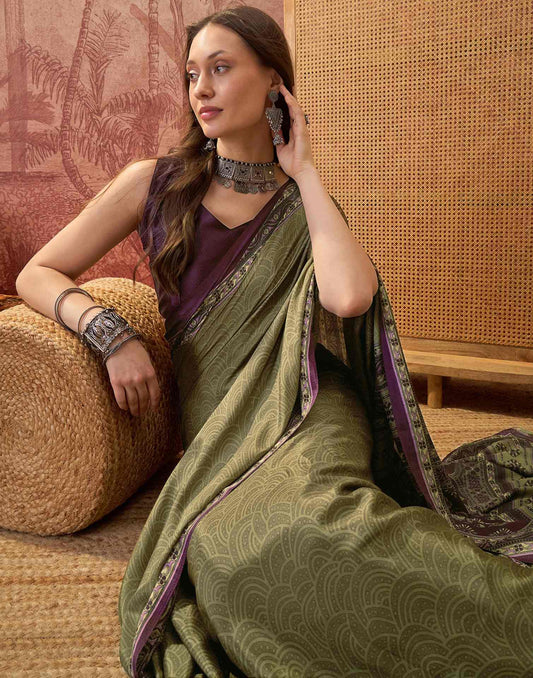 Mehndi Green Crepe Silk Printed Saree