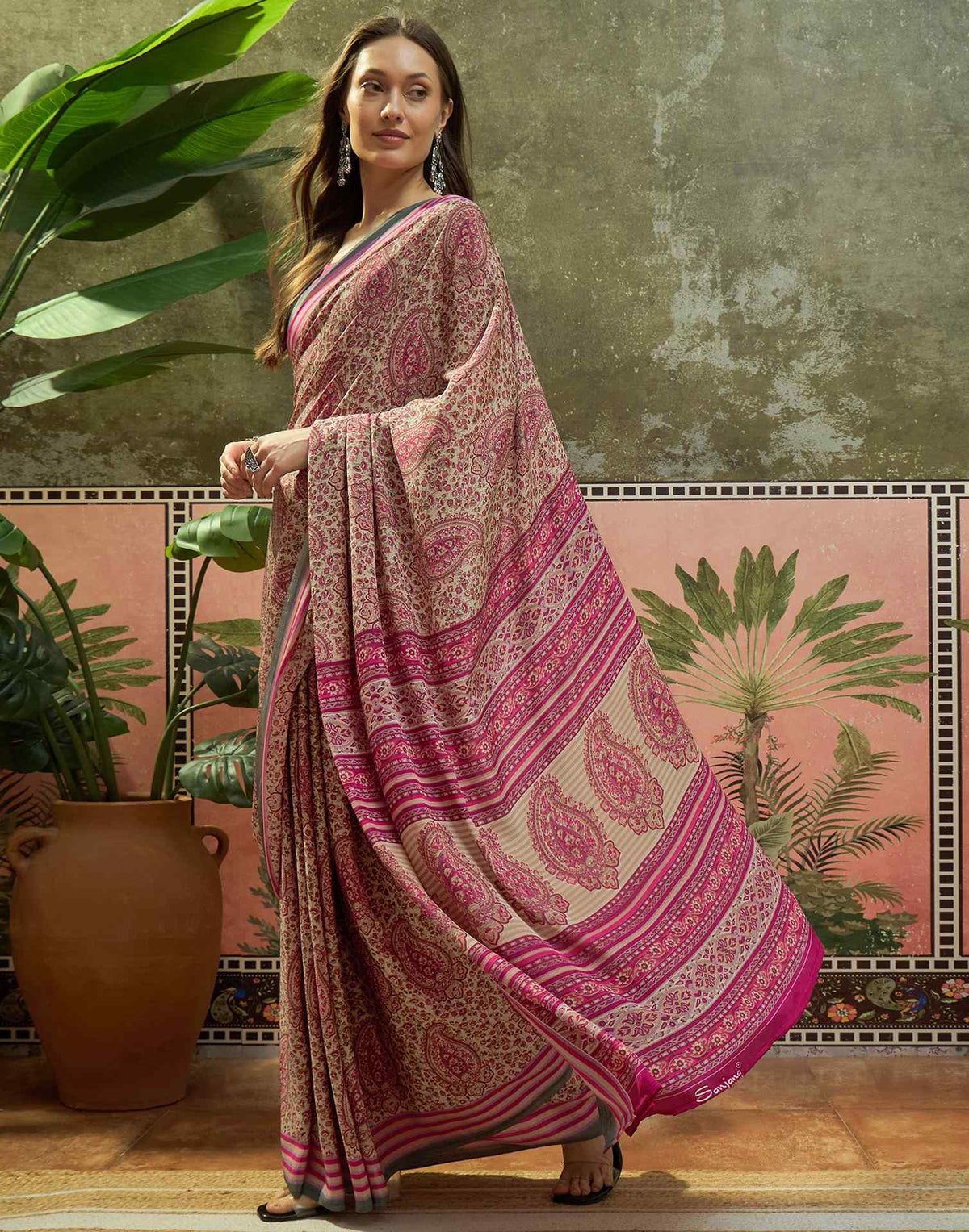 Beige Crepe Silk Printed Saree