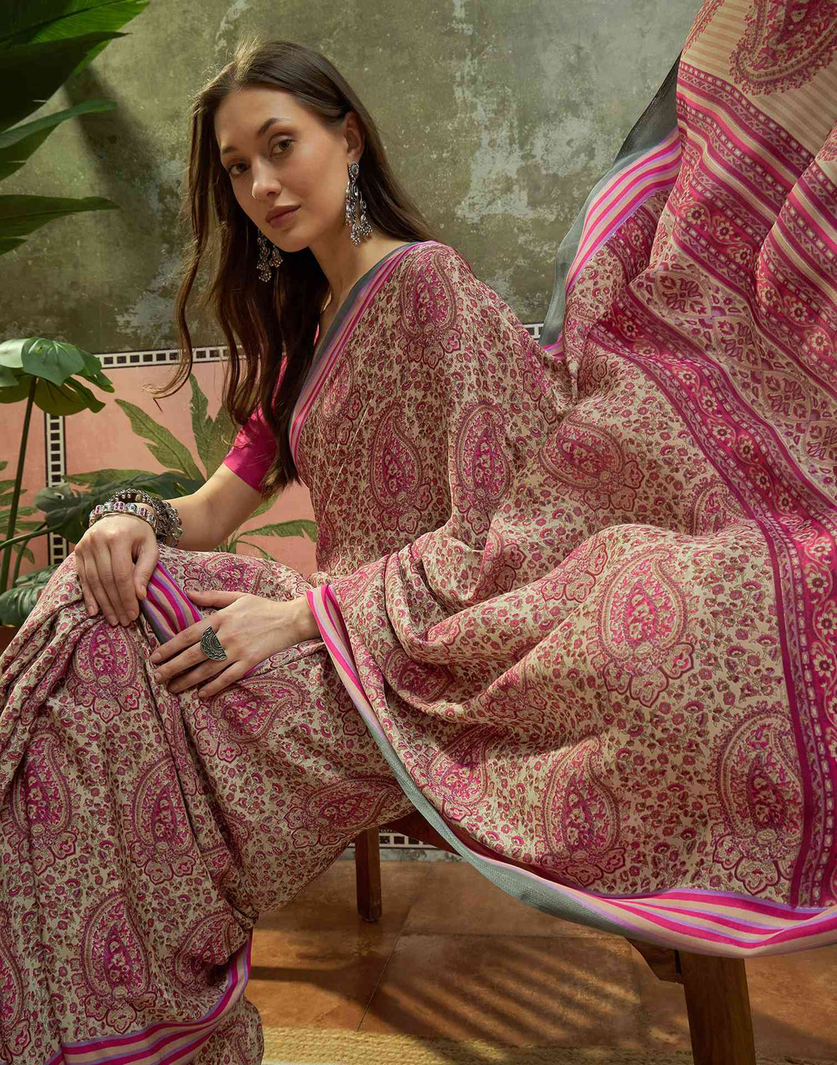 Beige Crepe Silk Printed Saree