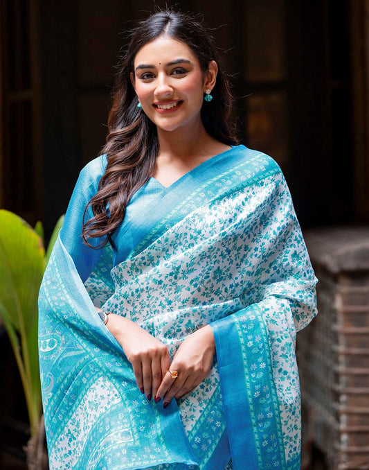 White Khadi Printed Saree