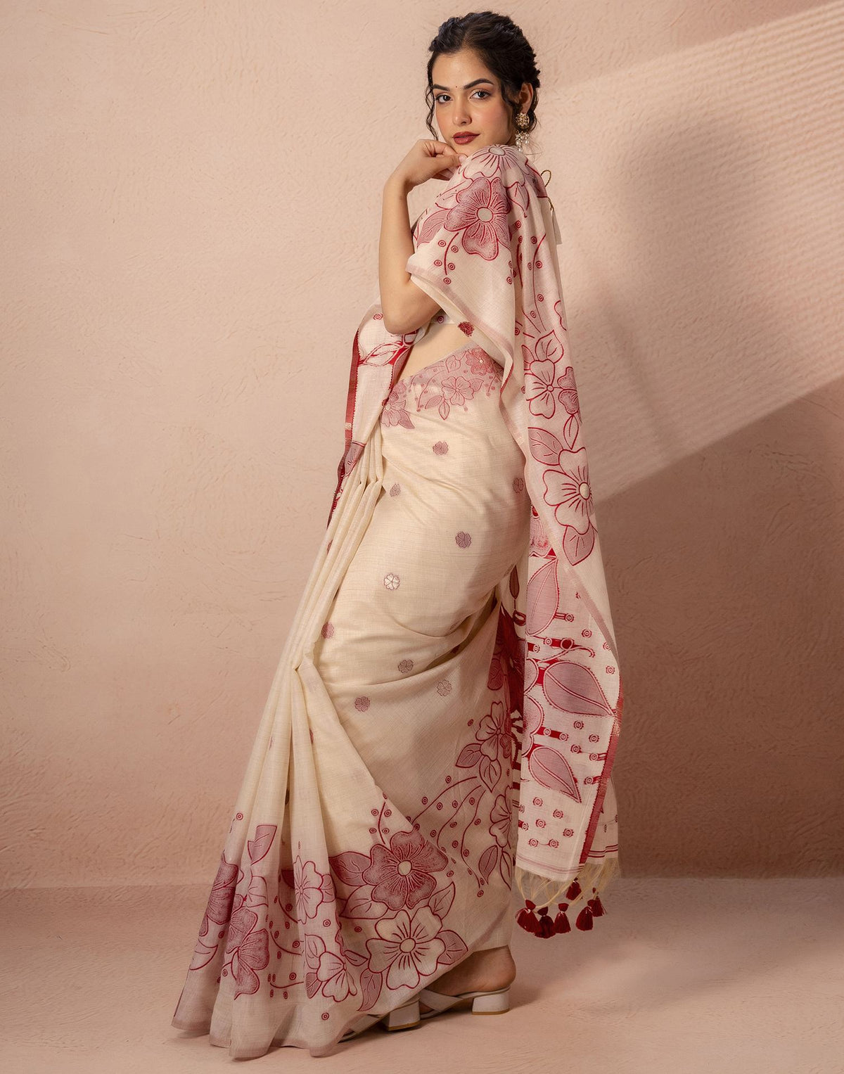 Beige Chanderi Cotton Woven Saree