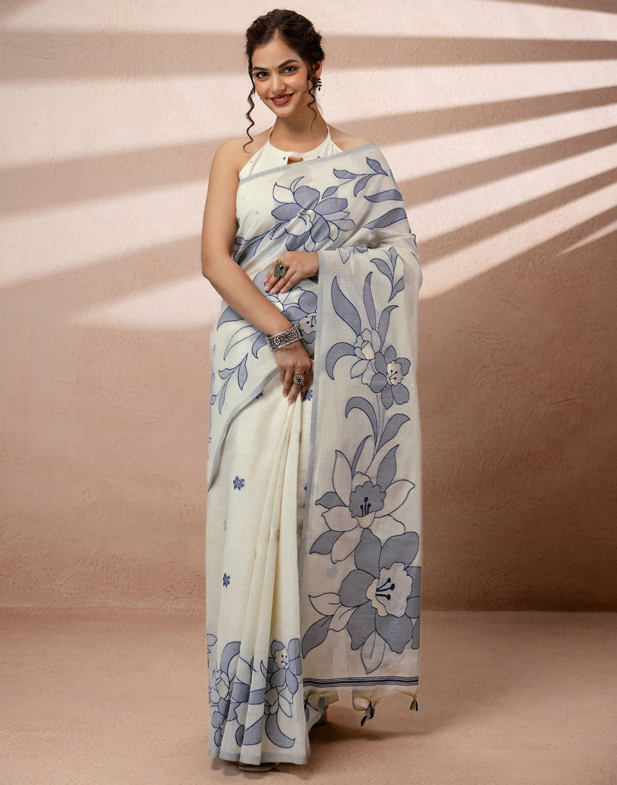 Beige Chanderi Cotton Woven Saree