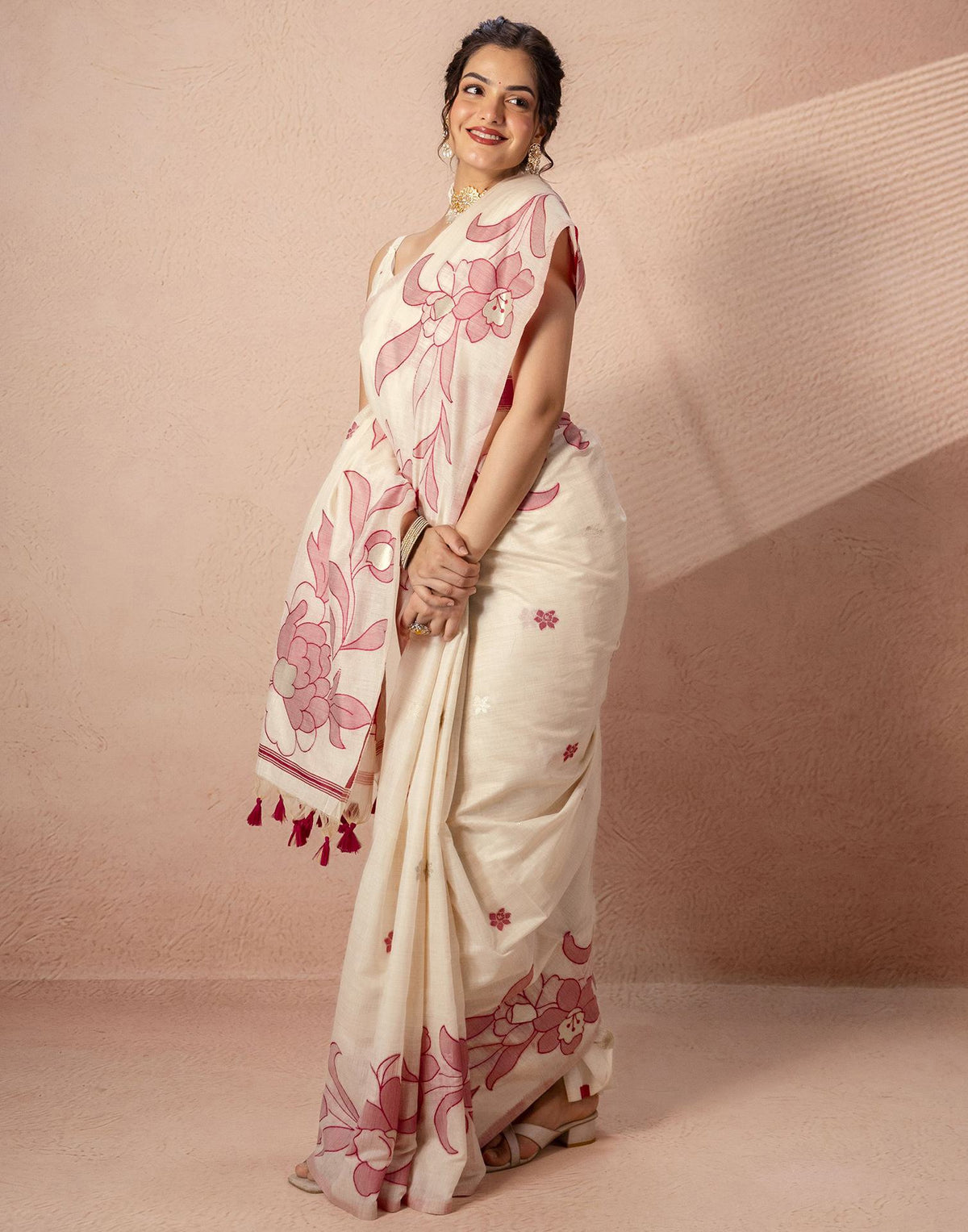 Beige Chanderi Cotton Woven Saree