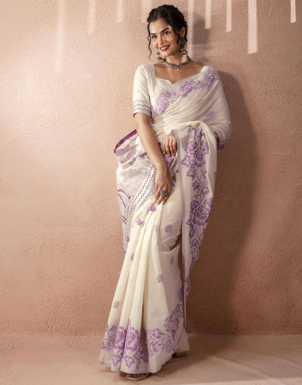 Beige Chanderi Cotton Woven Saree