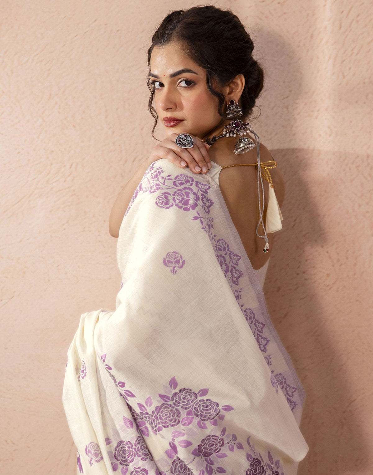 Beige Chanderi Cotton Woven Saree
