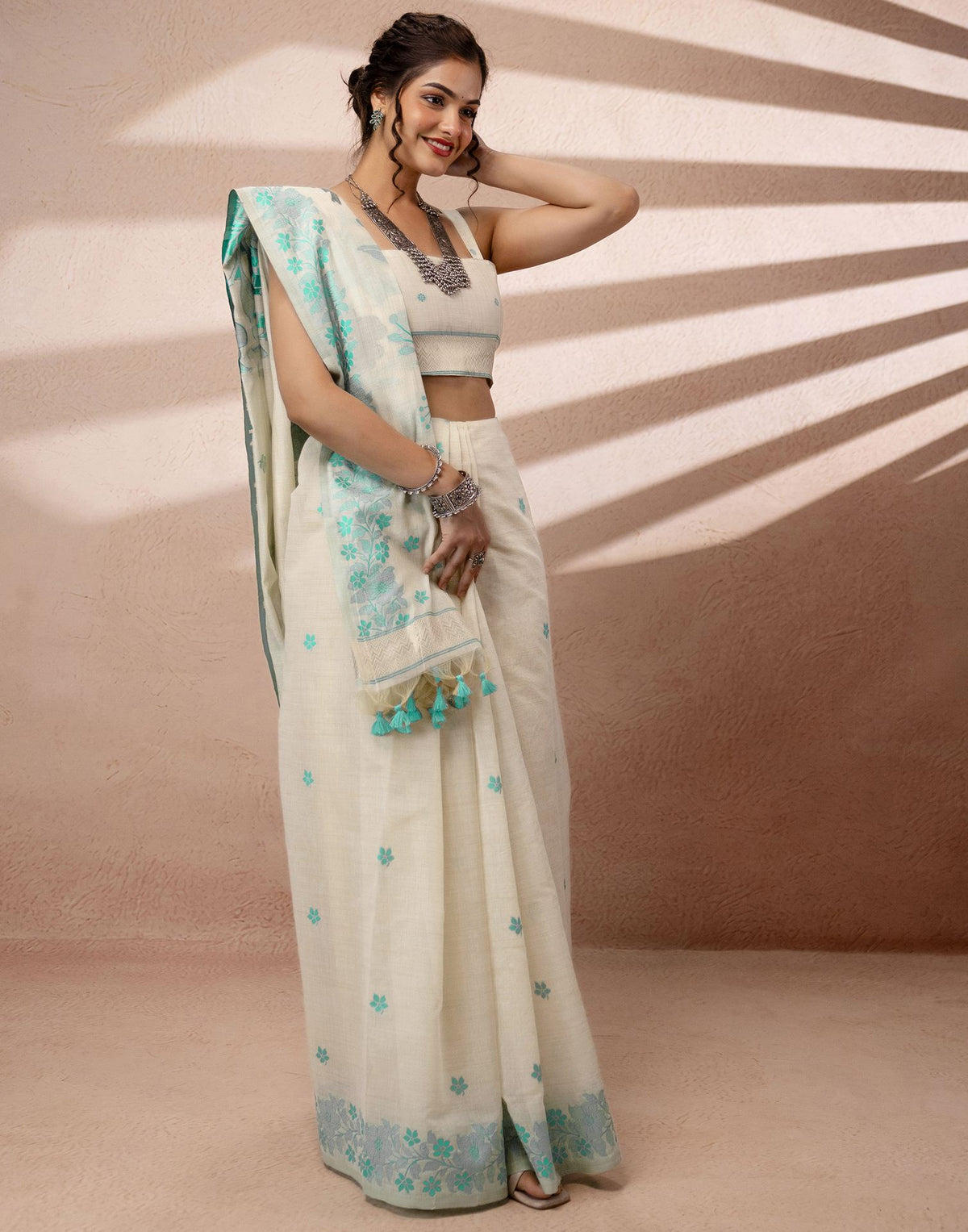 Beige Chanderi Cotton Woven Saree