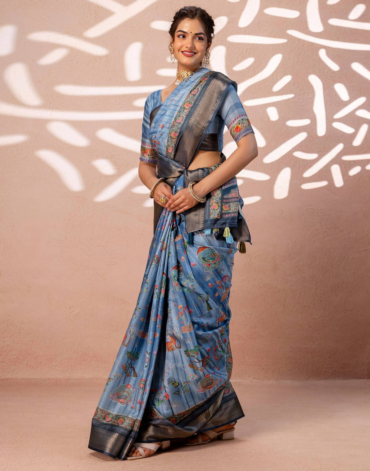 Light Blue Silk Kalamkari Woven Border Saree