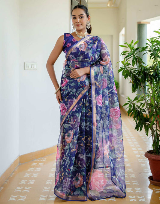 Blue Kota Doria Printed Zari Border Saree