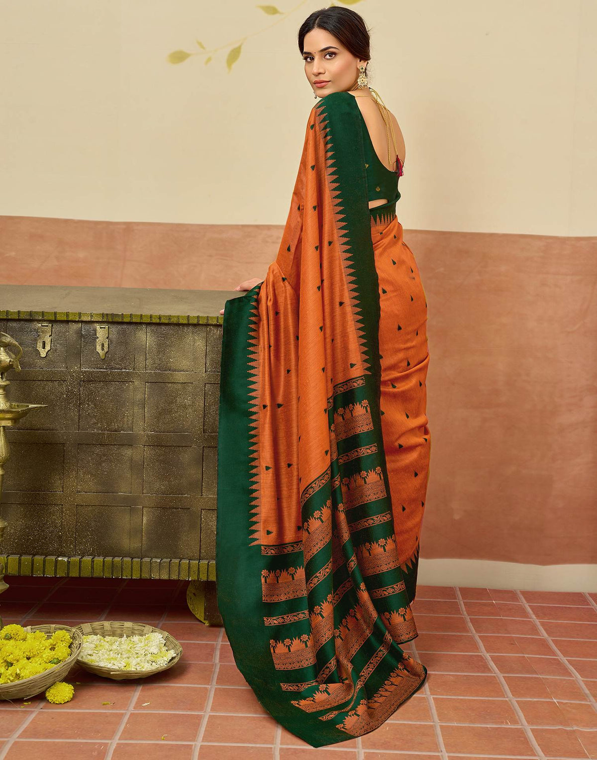 Orange Chanderi Woven Saree