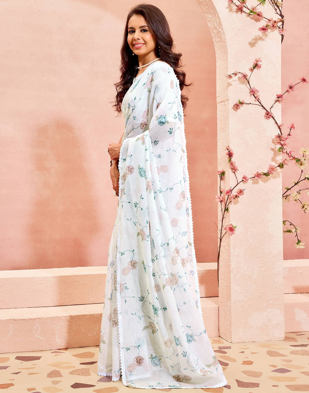 White Linen Printed Saree