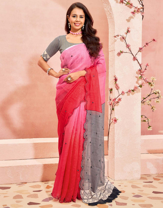 Dark Pink Linen Printed Saree