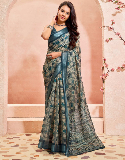 Grey Linen Printed Saree