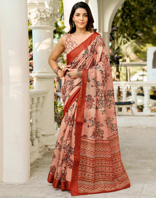 Beige Linen Woven Border Printed Saree