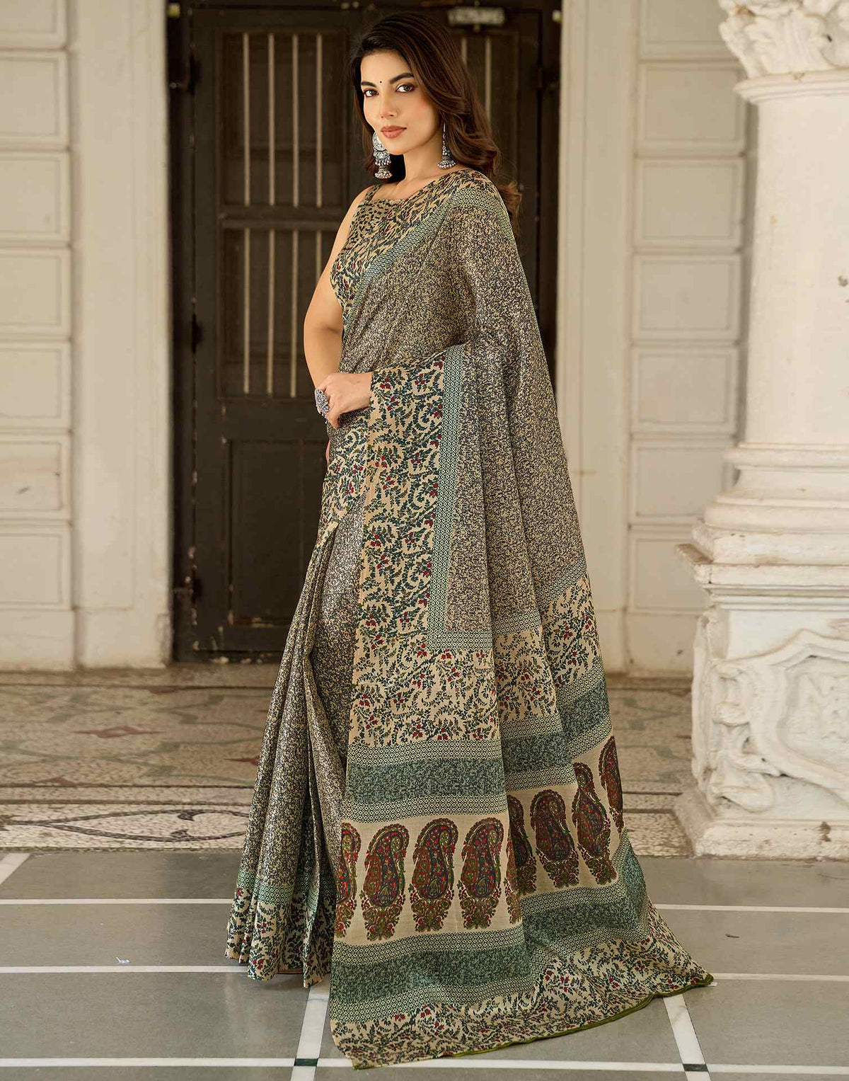 Dark Beige Khadi Printed Saree