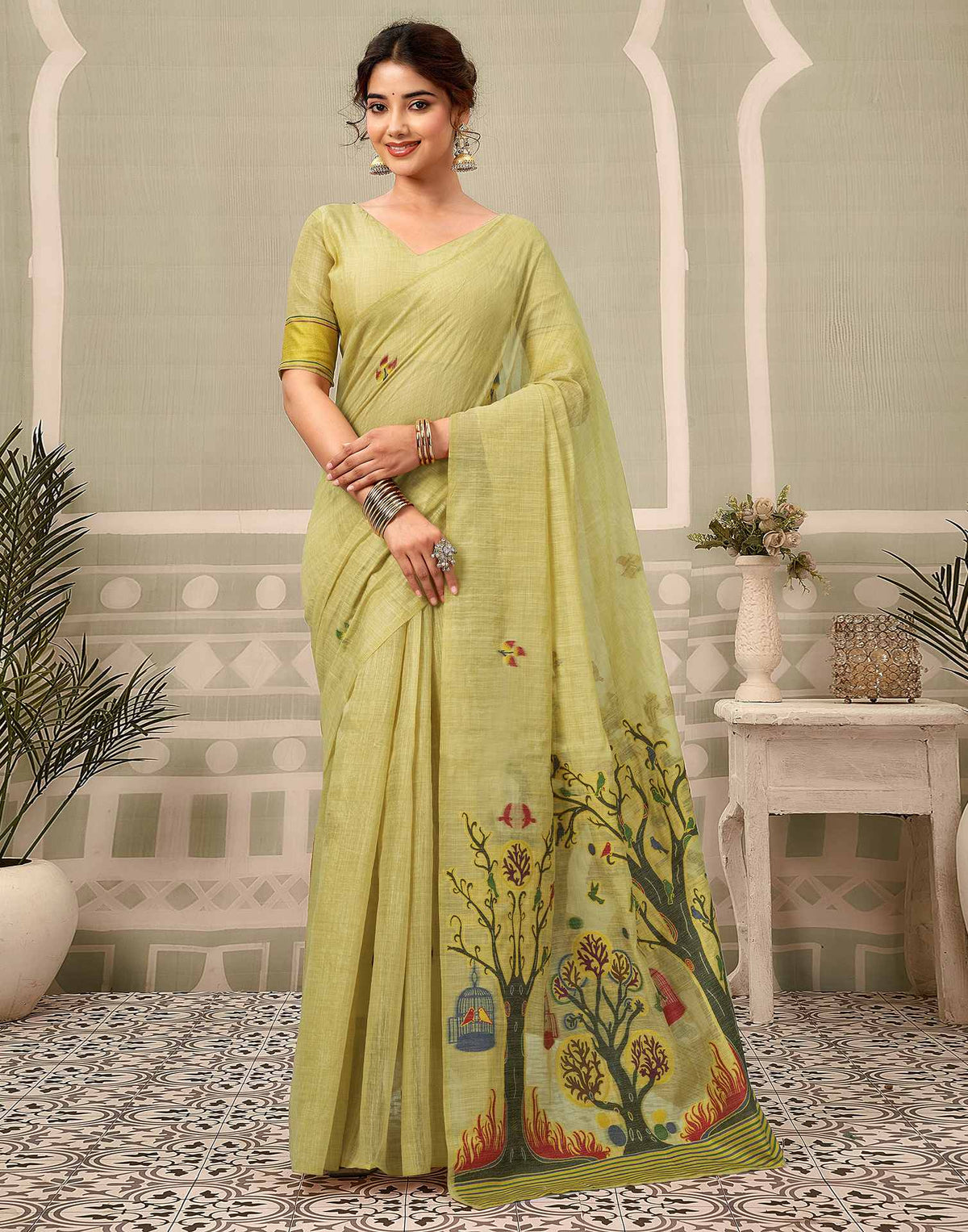 Beige Chanderi Woven Saree