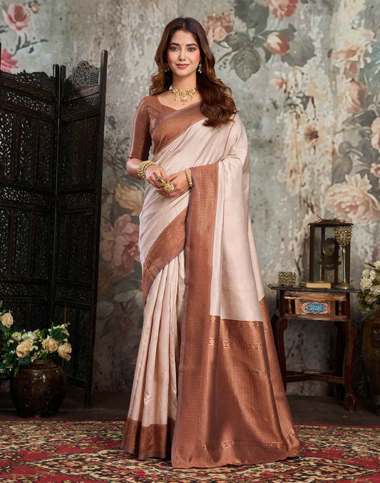 Beige Silk Woven Kanjivaram Saree