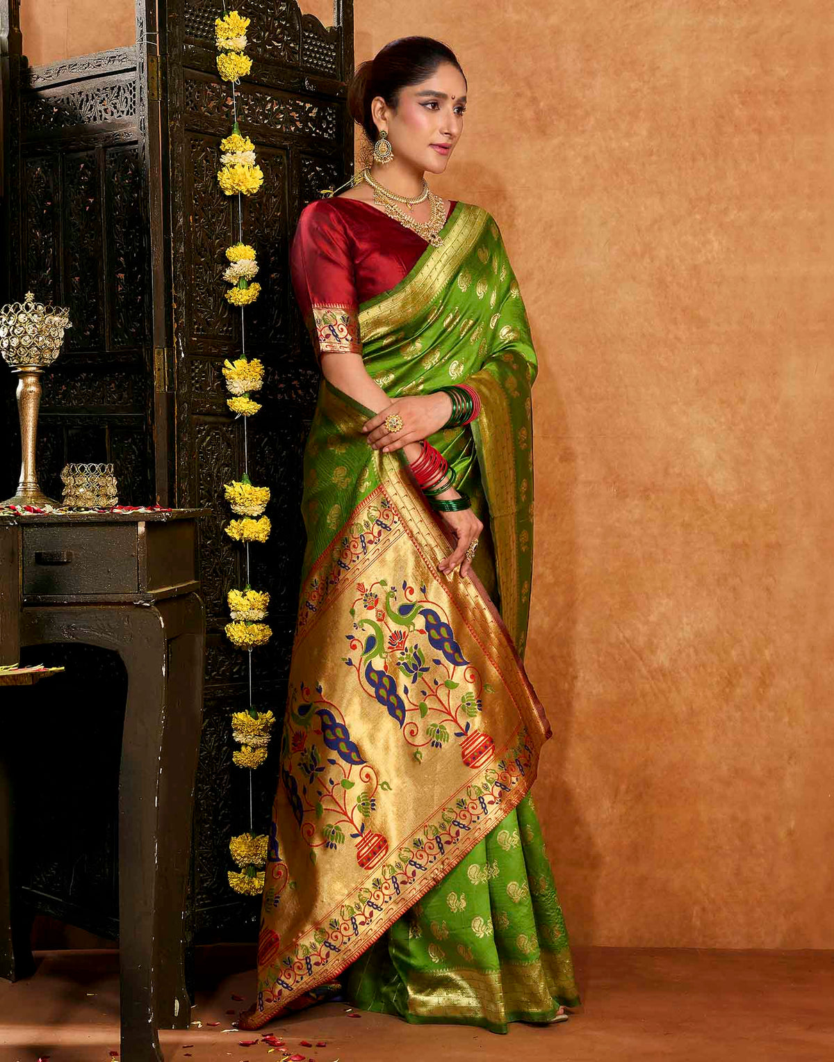 Parrot Green Silk Woven Paithani Saree