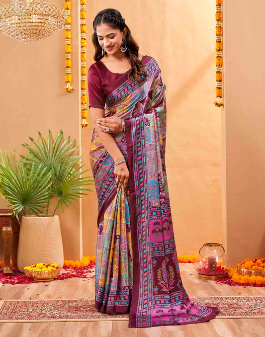 Purple Silk Printed Kalamkari Saree