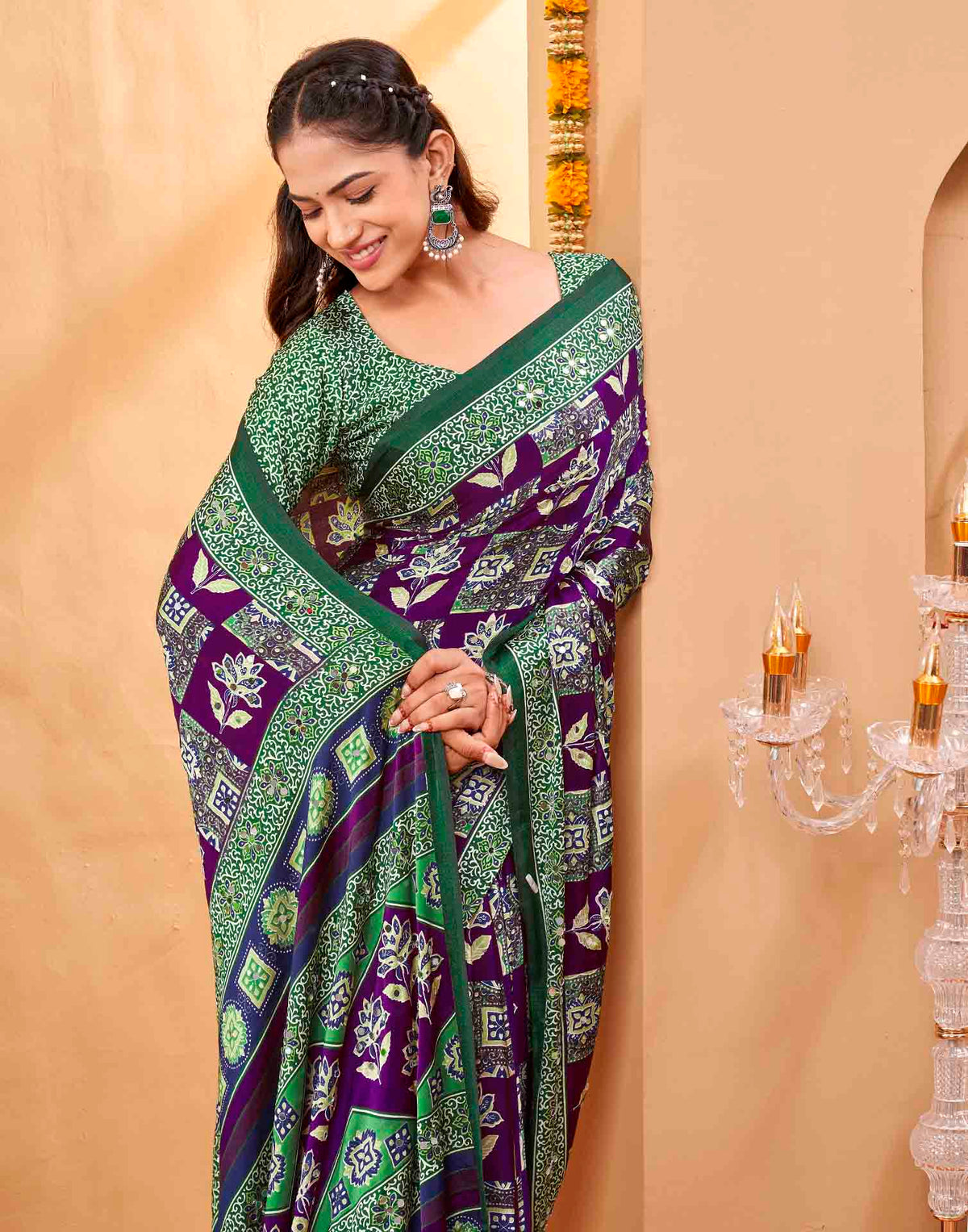 Mirror Purple Silk Printed Ajrakh Saree