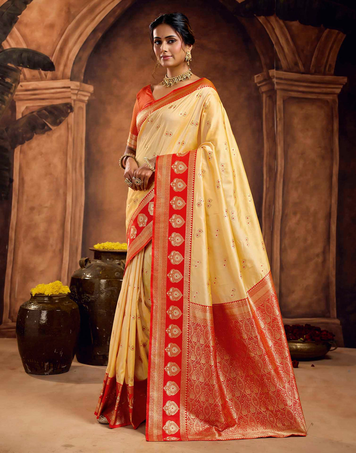 Light Yellow Silk Woven Banarasi Saree - View 5