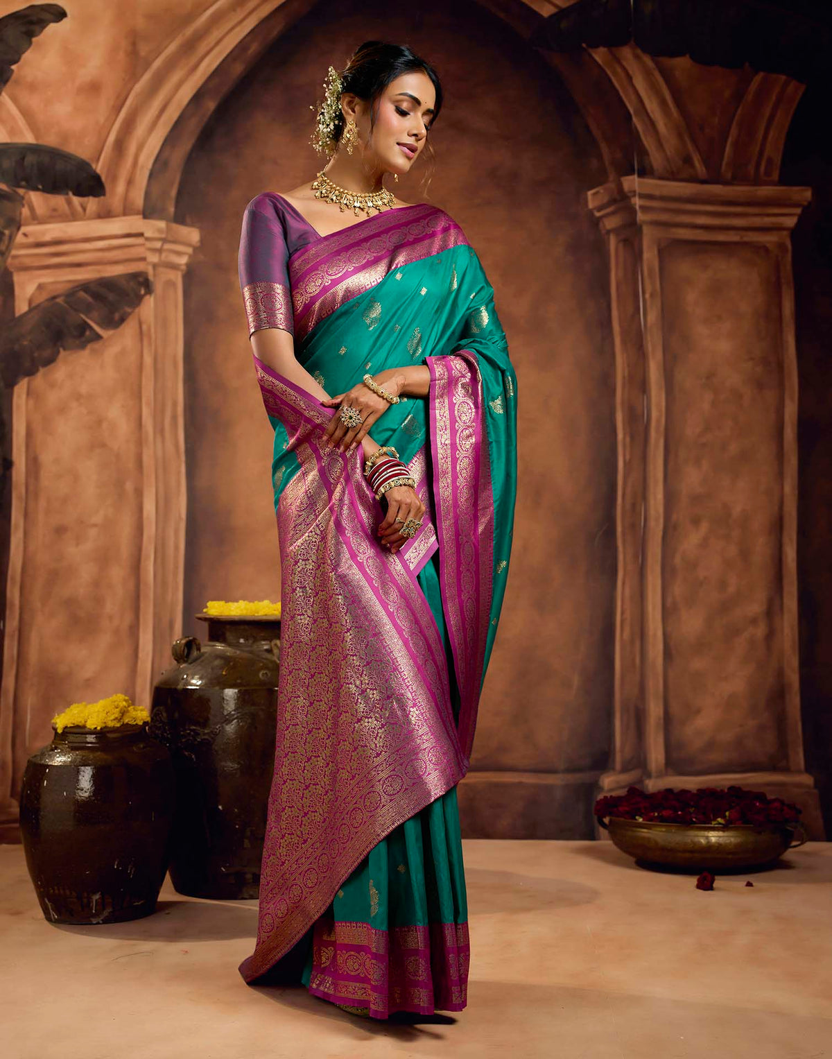 Teal Blue Silk Woven Banarasi Saree - View 5
