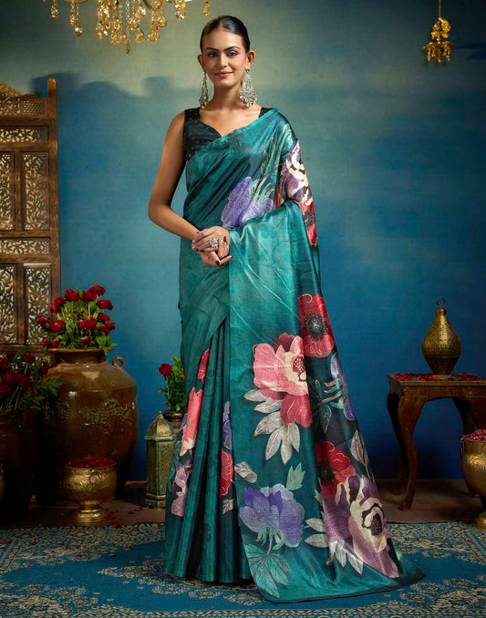 Green Linen Floral Printed Saree