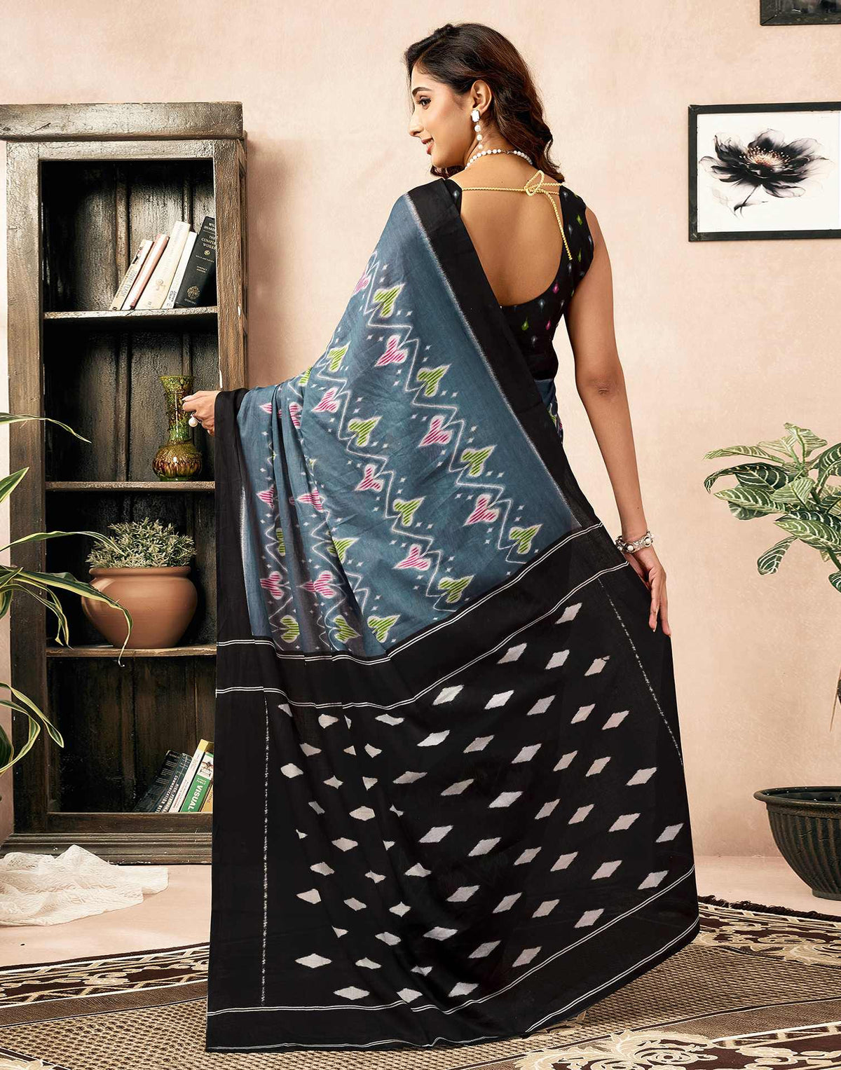 Ready To Wear Grey Cotton Ikkat Printed Saree