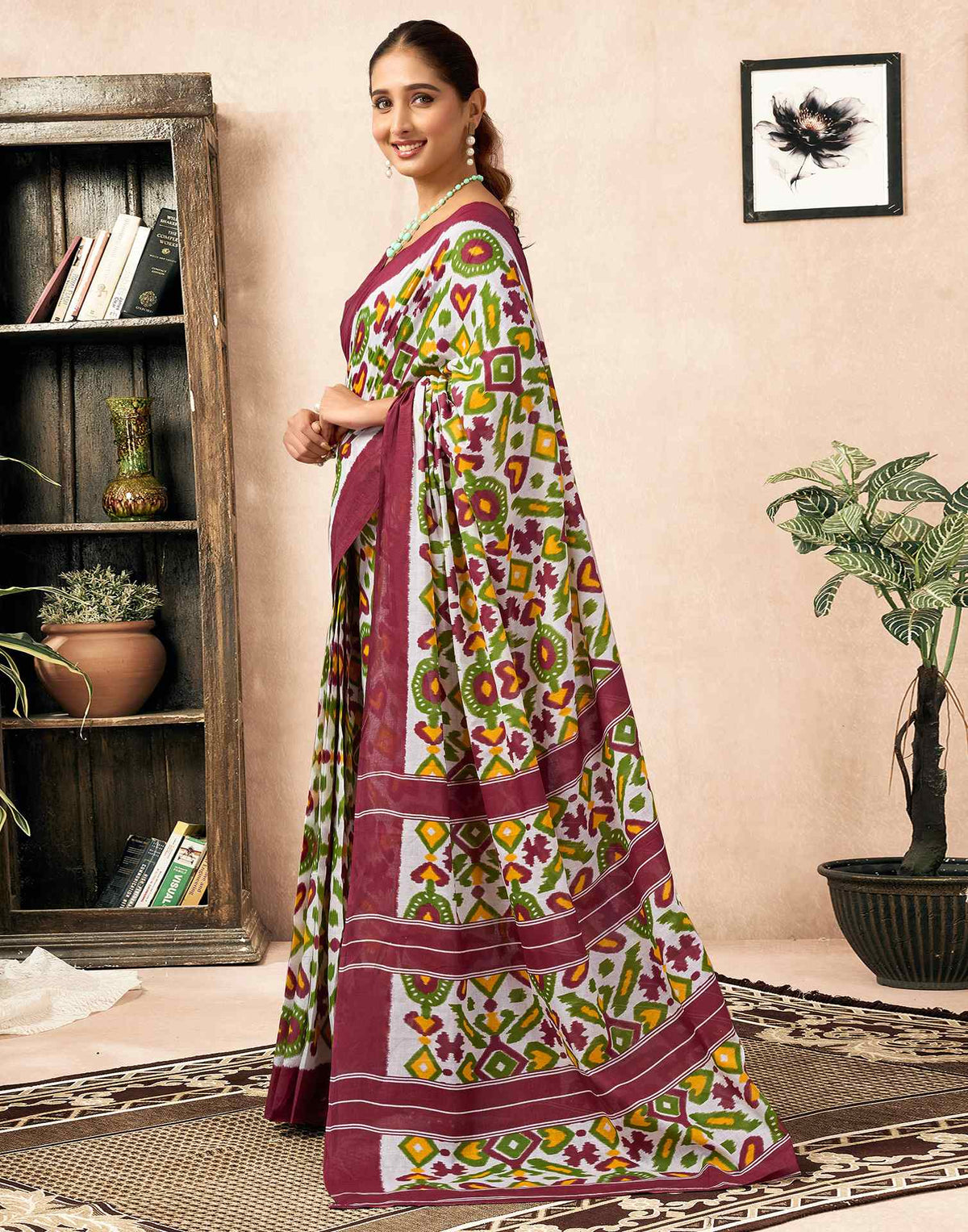 Ready To Wear Off White Cotton Ikkat Printed Saree