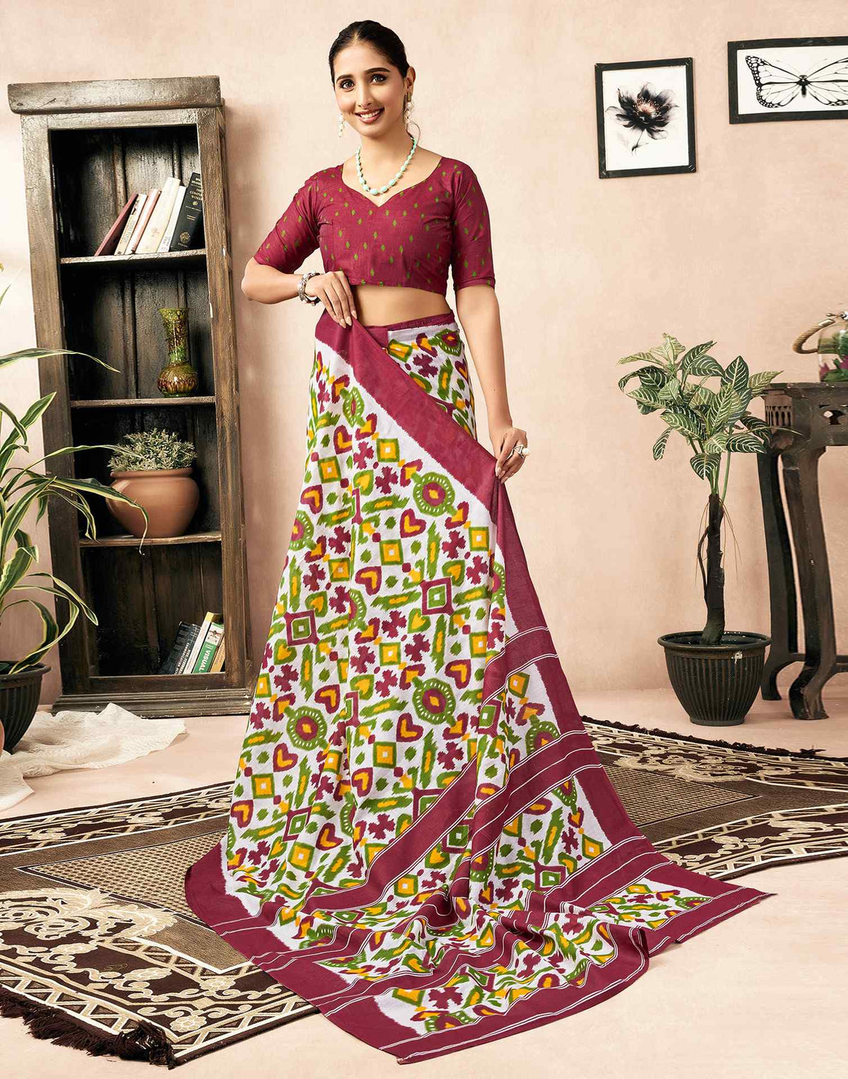 Ready To Wear Off White Cotton Ikkat Printed Saree