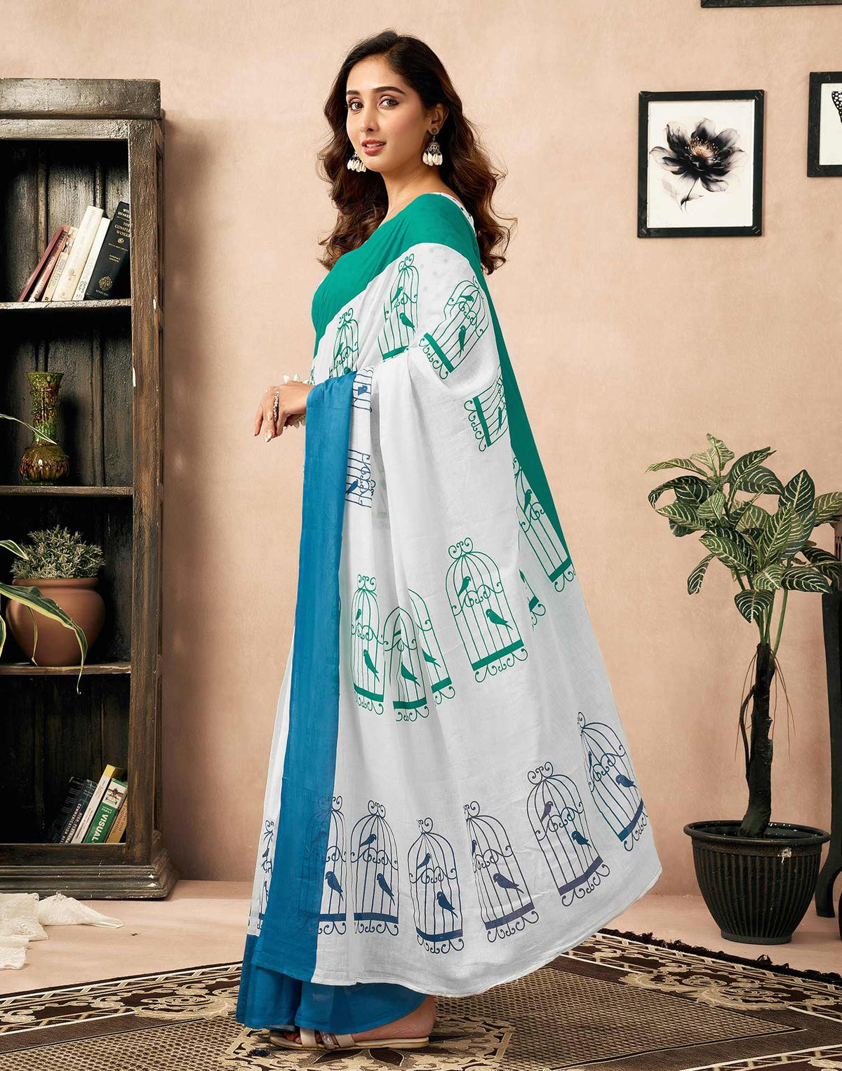 Ready To Wear Off White Cotton Printed Saree