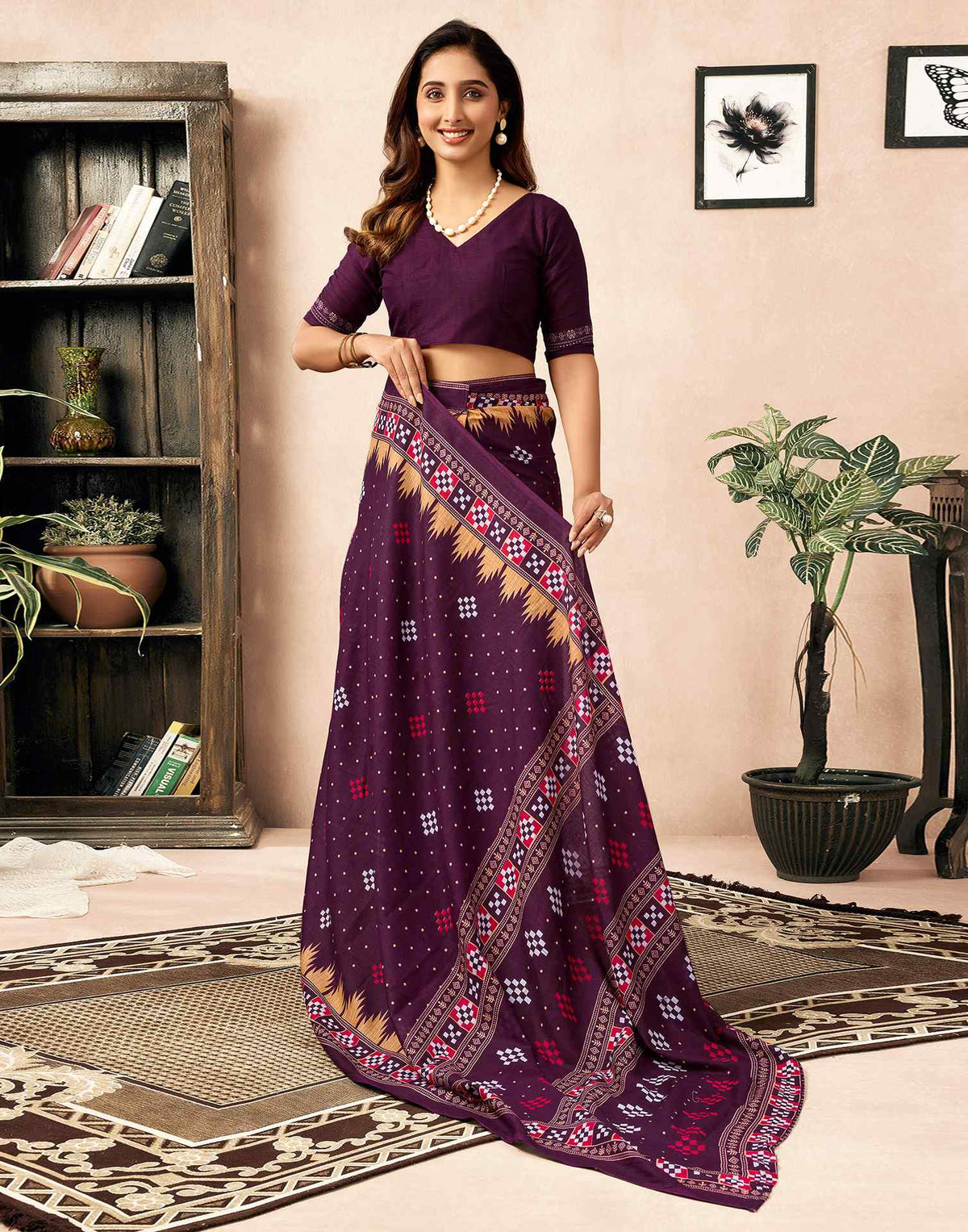 Shweta Tiwari Plum Wine Ready To Wear Cotton Saree