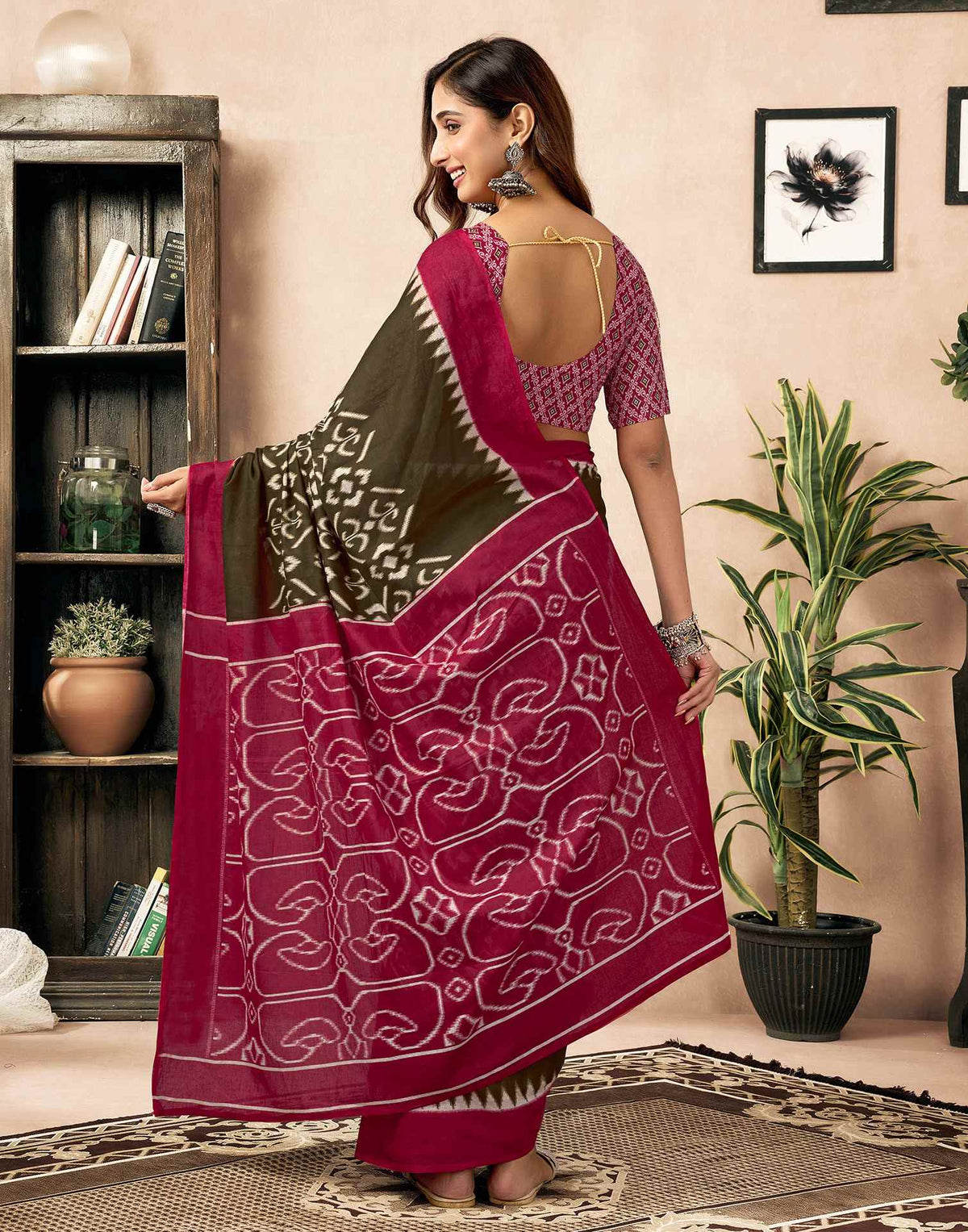 Ready To Wear Brown Cotton Printed Saree With Pocket