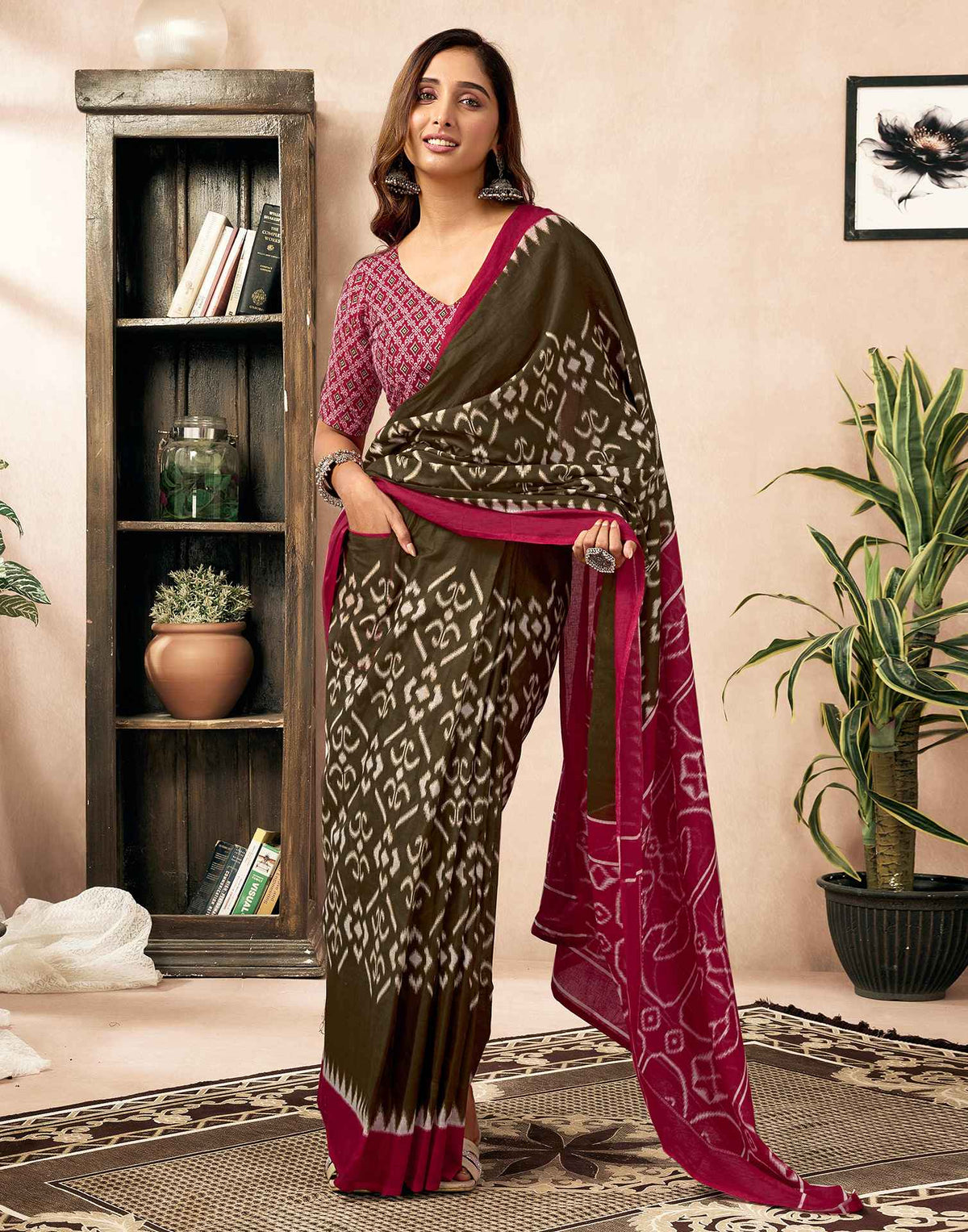 Ready To Wear Brown Cotton Printed Saree With Pocket