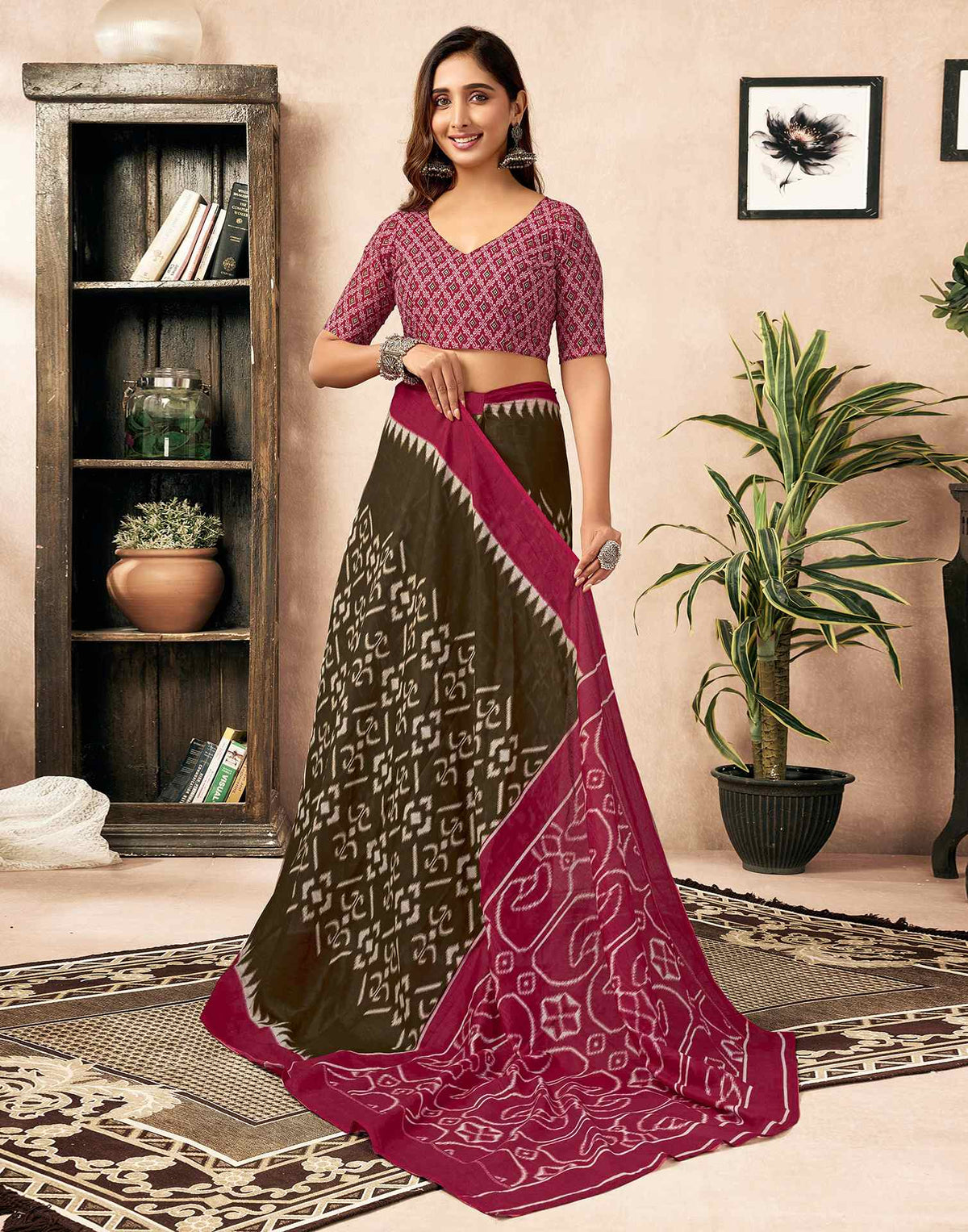 Ready To Wear Brown Cotton Printed Saree With Pocket