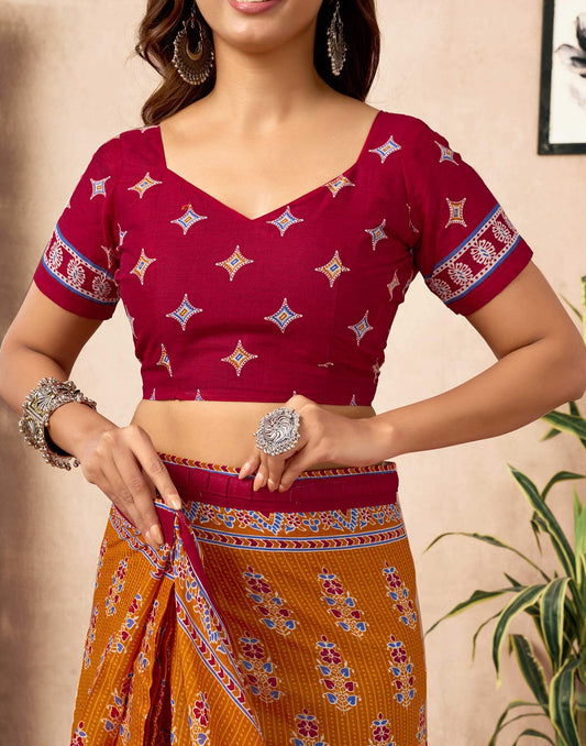 Ready To Wear Orange Cotton Printed Saree
