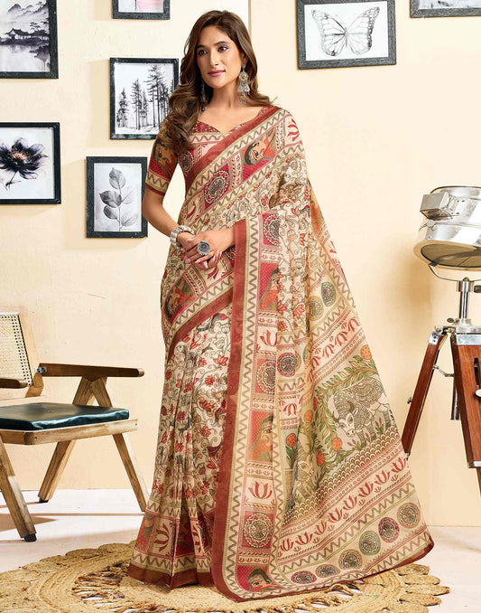 Ready To Wear Beige Linen Printed Saree