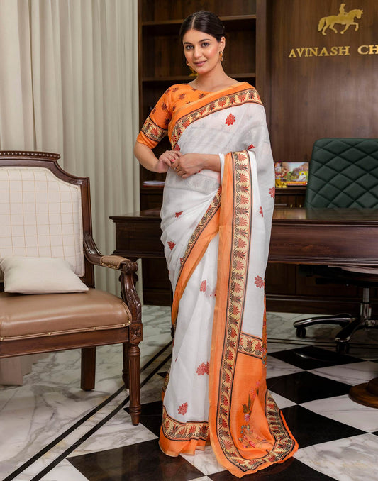 Ready To Wear White Linen Printed Saree