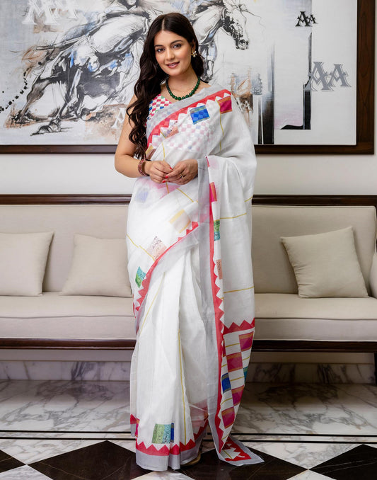 Ready To Wear White Linen Printed Saree